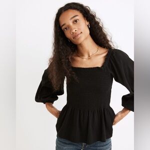 Madewell - Lucie Black Smocked Long Sleeve Boho Lightweight Peplum Blouse SZ 2